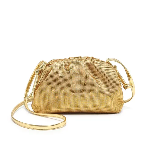 Women Rhinestone Pleated Cloud Bag PU Leather Evening Clutch Luxury Designer Style Crossbody Shoulder Bag