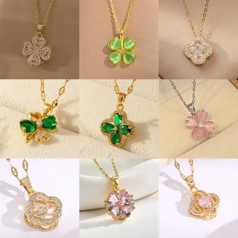 Minimalistikó Anoxeidoto Atsali Trefflo Kremasto Kolie Gynekes Chryso Asimi Plated Zirko Tetrafyllo Trifylli Moda Kosmimata
