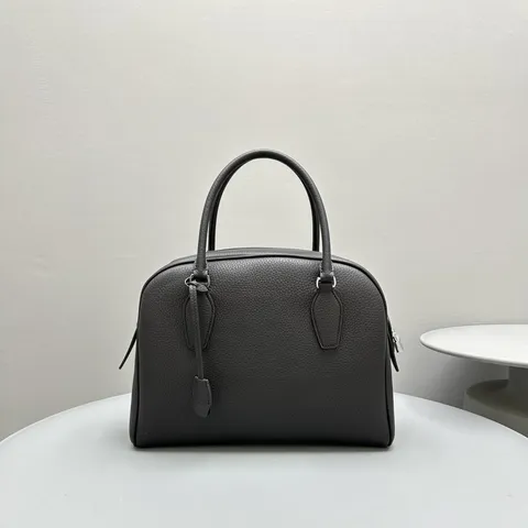 Women Genuine Leather Bowling Bag Large Capacity Top-Layer Cowhide Boston Handbag Vintage Solid Color Commuter Tote Bag