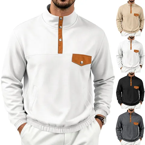 Men's Casual Stand Collar Long Sleeve Sweatshirt Color Block Patchwork Pullover Loose Fit Spring Autumn Top
