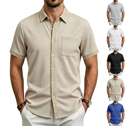 Men Casual Waffle Knit Short Sleeve Shirt Quick Dry Loose Fit Contrast Turn-down Collar Outdoor Summer Fashion Top For Men