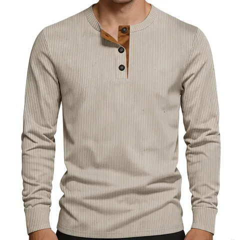 Men's Vintage Corduroy Henley Neck Long Sleeve T-Shirt Loose Fit Solid Color Ribbed Undershirt Casual Autumn Winter Top
