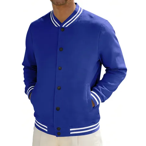 American Retro Heavyweight Loose Fleece Baseball Jacket For Men Stand Collar Snap Button Casual Bomber Jacket Top