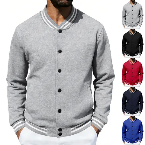American Retro Heavyweight Loose Fleece Baseball Jacket For Men Stand Collar Snap Button Casual Bomber Jacket Top
