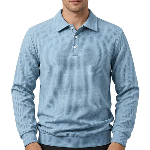 Heren Casual Poloshirt Lange Mouwen Zware Wafelbreisel Textuur Effen Kleur Pullover Revers Top Comfortabel Ruime Pasvorm Herfstkleding Voor Dagelijks Gebruik
