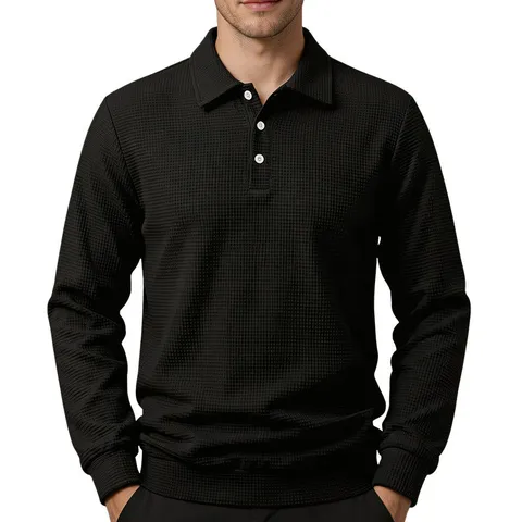 Heren Casual Poloshirt Lange Mouwen Zware Wafelbreisel Textuur Effen Kleur Pullover Revers Top Comfortabel Ruime Pasvorm Herfstkleding Voor Dagelijks Gebruik