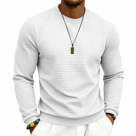 Men Casual Long Sleeve Jacquard T-Shirt Solid Color Round Neck Loose Fit Sweatshirt Polyester Top Autumn Basic Tee