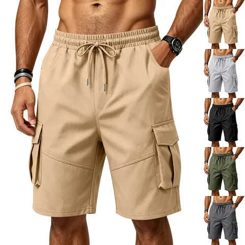 Men's Summer Loose Cargo Shorts Outdoor Sports Casual Plus Size Drawstring Solid Color Multi-Pocket Polyester Shorts