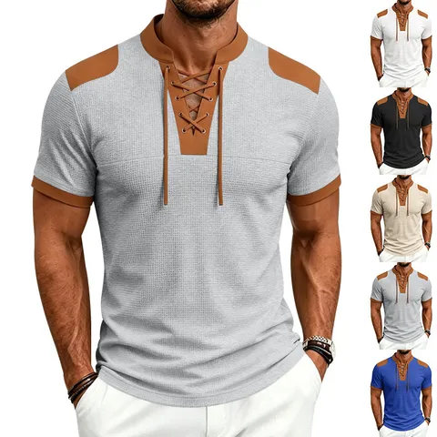 Men's Casual Waffle Knit T-Shirt Color Block Drawstring V-Neck Short Sleeve Top Medieval Viking Style Loose Breathable Summer Tee