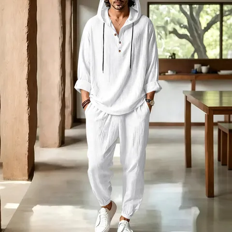 Men's Casual Linen Two Piece Set Hooded Henley Long Sleeve Top And Bottom Loose Breathable Beach Vacation Summer Outfits