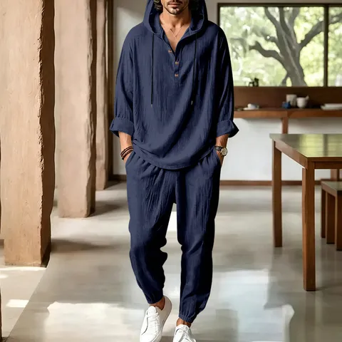 Men's Casual Linen Two Piece Set Hooded Henley Long Sleeve Top And Bottom Loose Breathable Beach Vacation Summer Outfits