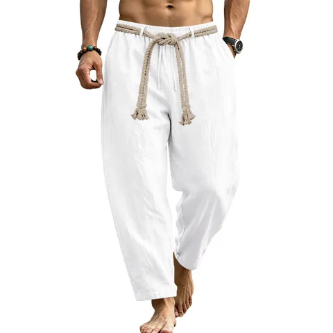 Men's Linen Blend Casual Pants Summer Breathable Drawstring Straight Leg Trousers Loose Beach Vacation Non-Iron Pants