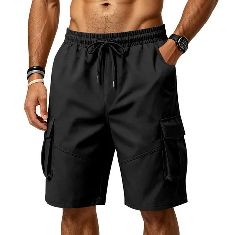 Men's Summer Loose Cargo Shorts Outdoor Sports Casual Plus Size Drawstring Solid Color Multi-Pocket Polyester Shorts