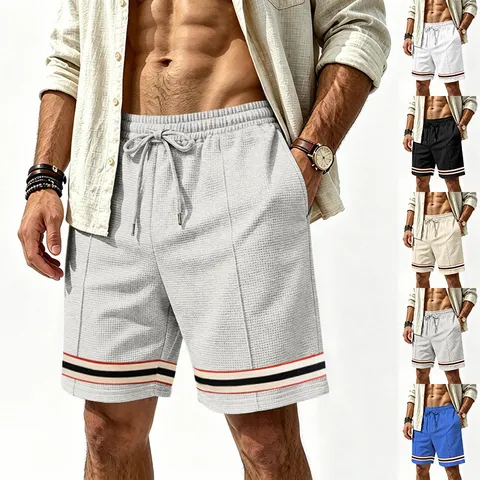 Men's Waffle Texture Shorts Loose Fit Contrast Stripe Tape Sport Casual Training Athletic Summer 5-Point Bottom Shorts