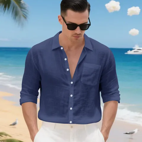Camicia a Maniche Lunghe in Lino Uomo Retro Americano Casual Larga Cardigan Hawaiano Rever Tinta Unita Traspirante Tessuto Vacanza