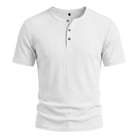 Men's Summer Casual Henley Short Sleeve T-Shirt Solid Color Regular Fit Stretch Ribbed Knit Basic Top For Men