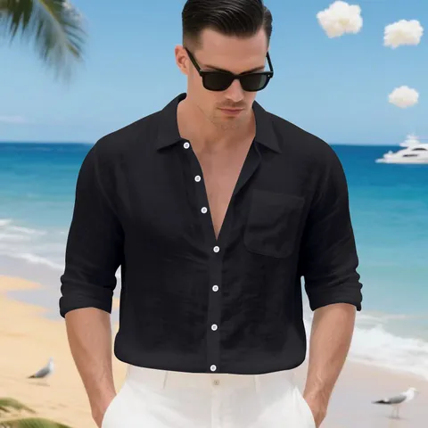 Camicia a Maniche Lunghe in Lino Uomo Retro Americano Casual Larga Cardigan Hawaiano Rever Tinta Unita Traspirante Tessuto Vacanza