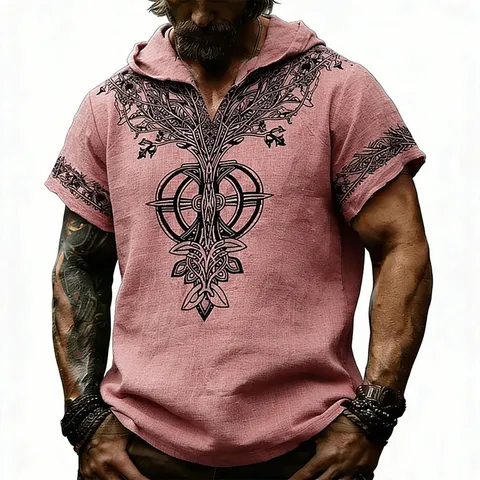 Herren Sommer Slub Leinen Optik Kapuzen T-Shirt Vintage Keltischer Baum Des Lebens Runen Druck Locker Kurzarm Top