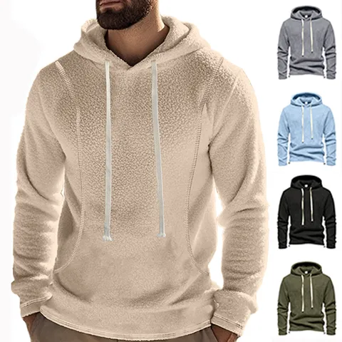 Men Heavyweight Bonded Polar Fleece Pullover Hoodie Loose Casual Long Sleeve Sweatshirt For Outdoor Winter Warm Hooded Top