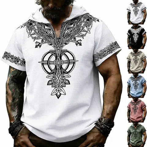 Herren Sommer Slub Leinen Optik Kapuzen T-Shirt Vintage Keltischer Baum Des Lebens Runen Druck Locker Kurzarm Top