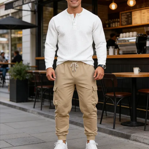 Men's Casual Retro Heavyweight Long Sleeve Waffle Henley Shirt And Cargo Pants Top And Bottom Polyester Streetwear Outfit