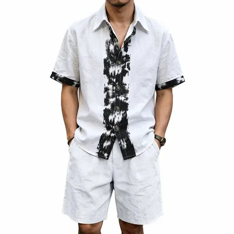 Men's Summer Casual Linen Two-Piece Set Short Sleeve Lapel Shirt And Shorts Top And Bottom Beach Vacation Outfit