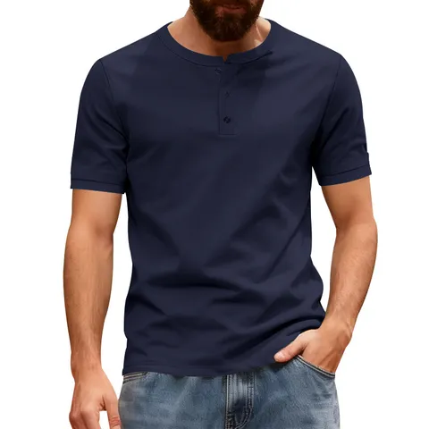 Men's Casual Loose Retro Solid Color Short Sleeve Henley Shirt Summer Commuting Basic Top