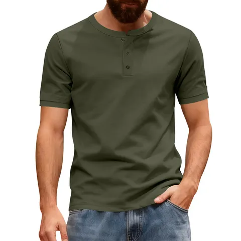 Men's Casual Loose Retro Solid Color Short Sleeve Henley Shirt Summer Commuting Basic Top