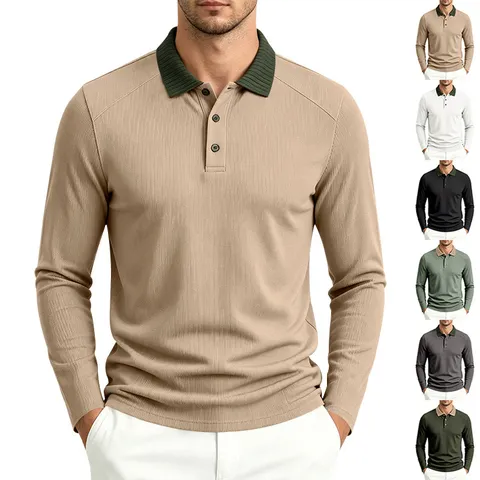 Men's Casual Long Sleeve Polo Shirt Contrast Color Lapel Loose Fit Breathable Business Knit Pullover Top