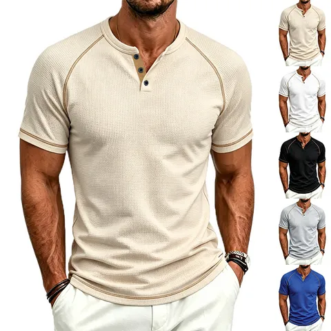 Men's Waffle Knit Henley T-Shirt Heavyweight Breathable Contrast Raglan Sleeve Short Sleeve Casual Top Summer Male Clothing