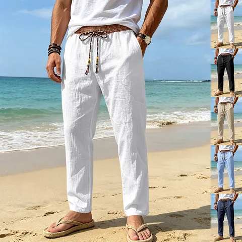 Men Casual Linen Beach Pants Breathable Straight Leg Trousers Bohemian Drawstring Contrast Waist Loose Vacation Linen Pants