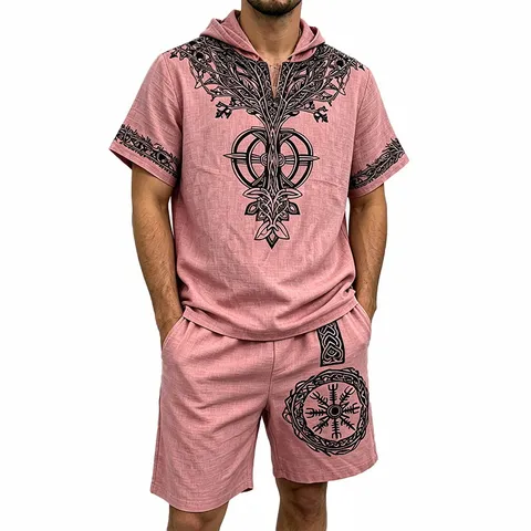 Men's Nordic Viking Tree Of Life Printed Short Sleeve Hoodie And Shorts Set Summer Casual Slub Linen Texture Outfit