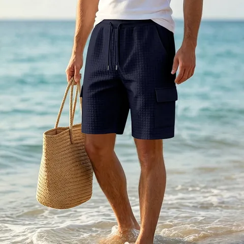 Men Outdoor Sports Grid Shorts Casual Loose Plaid Cargo Shorts With Multi Pockets Summer Breathable Vacation Drawstring Bottoms