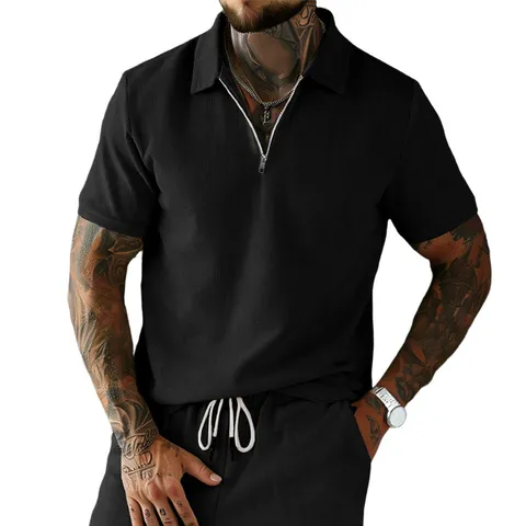 Men's Casual Vintage Corduroy Short Sleeve Polo Shirt Zipper Lapel Summer Loose Top Male Streetwear Clothing