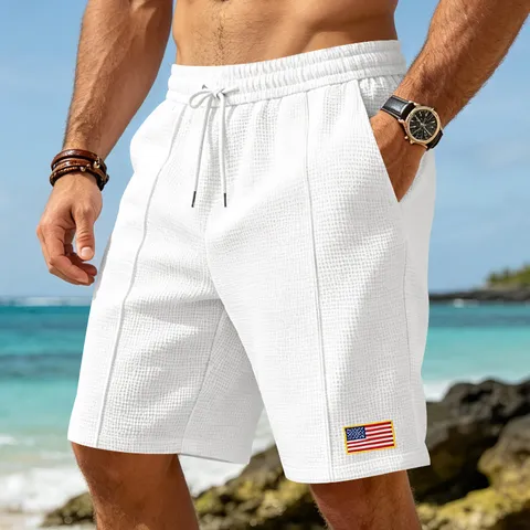 Men's Casual Waffle Shorts Summer Sports Beach Straight Fit Drawstring Breathable Polyester Athletic Short Pants