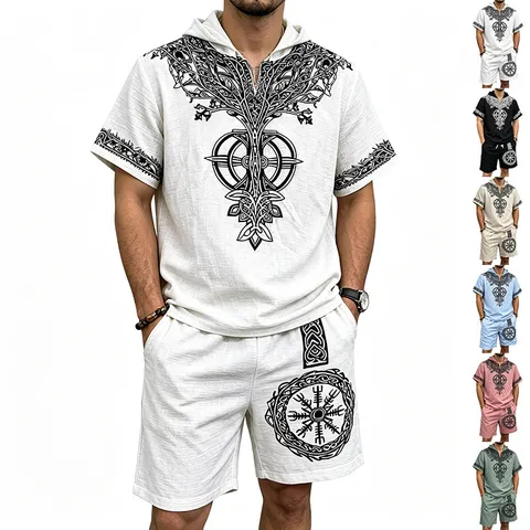 Men's Nordic Viking Tree Of Life Printed Short Sleeve Hoodie And Shorts Set Summer Casual Slub Linen Texture Outfit