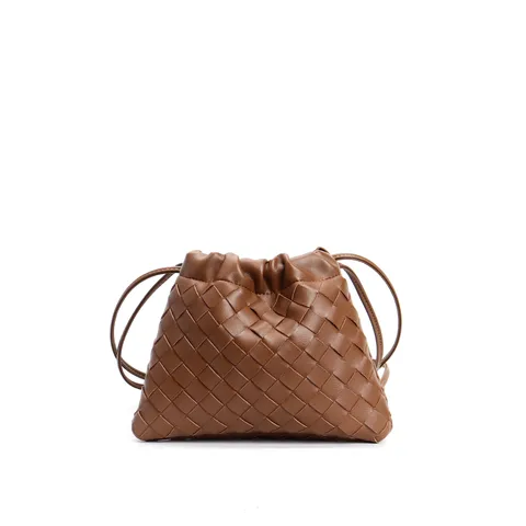 Womens Genuine Leather Woven Crossbody Bag Retro Drawstring Dumpling Cloud Bag Fashion Shoulder Handbag