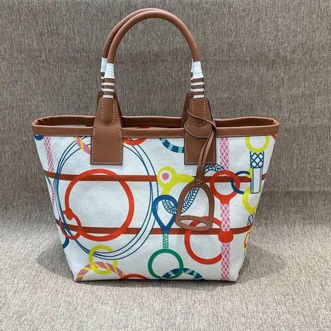 Canvas And Top Layer Cowhide Tote Bag Fashion Large Capacity Handbag Equestrian Graffiti Casual Shoulder Bag For Women