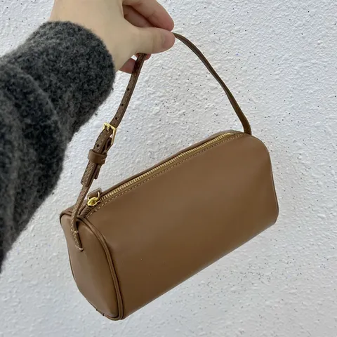 Minimalist Genuine Leather Cylinder Bag Women 90s Vintage Top Handle Shoulder Crossbody Bag Retro Chic Commuter Handbag