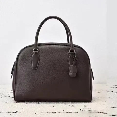 Women Genuine Leather Bowling Bag Large Capacity Top-Layer Cowhide Boston Handbag Vintage Solid Color Commuter Tote Bag