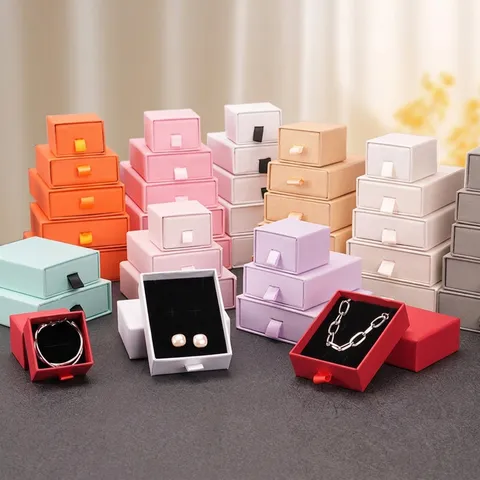 Drawer Jewelry Box Cardboard Paper Box With Ribbon Handle Sponge Insert For Rings Earrings Necklace Gift Packaging