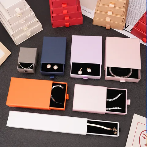Drawer Jewelry Box Cardboard Paper Box With Ribbon Handle Sponge Insert For Rings Earrings Necklace Gift Packaging