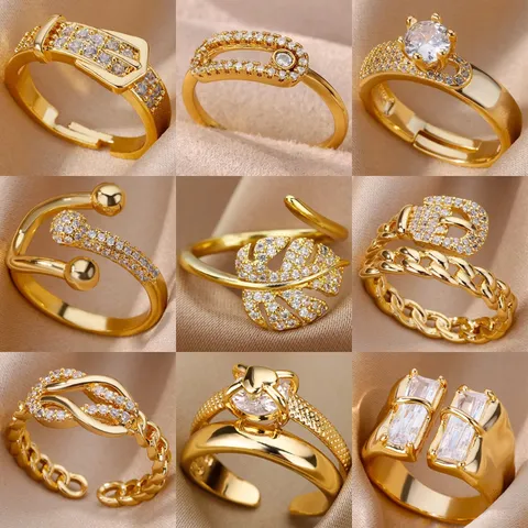 18K Gold Plated Copper Rhinestone Open Rings For Women Luxury Adjustable Leaf Heart Buckle Ring Fashion Jewelry Finger Gift
