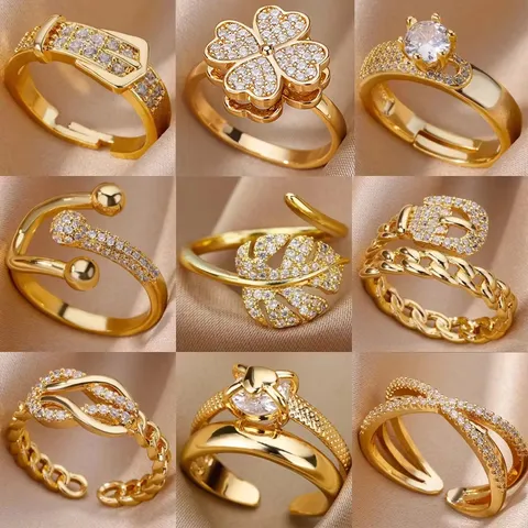 18K Gold Plated Copper Rhinestone Open Rings For Women Luxury Adjustable Leaf Heart Buckle Ring Fashion Jewelry Finger Gift