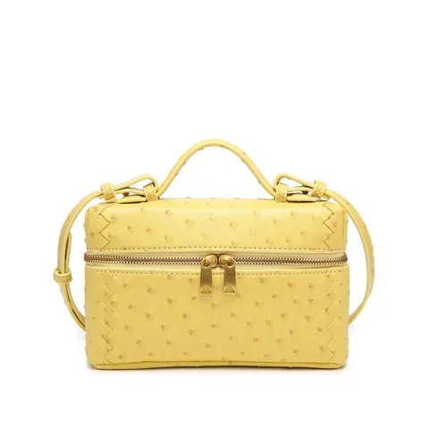 Women Fashion Ostrich Pattern Woven Vanity Cosmetic Bag Vintage Top Handle Crossbody Shoulder Bag PU Leather Handbag