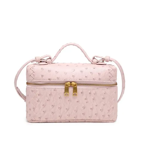 Women Fashion Ostrich Pattern Woven Vanity Cosmetic Bag Vintage Top Handle Crossbody Shoulder Bag PU Leather Handbag