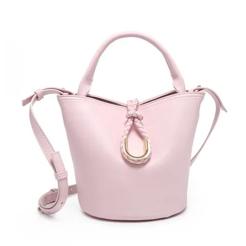 Women Fashion PU Leather Bucket Bag Woven Handle Crossbody Bag Casual Stylish Handbag With Metal Ring Closure