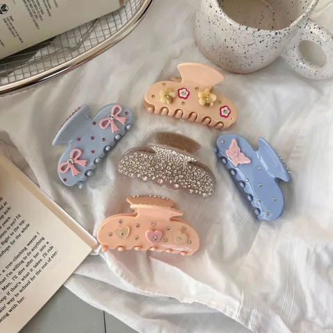 Sweet Acetate Rhinestone Bowknot Hair Claw Clip Sweet Elegant Heart Floral Shark Clip Hairstyle Headwear For Women Daily Dating Accessories
