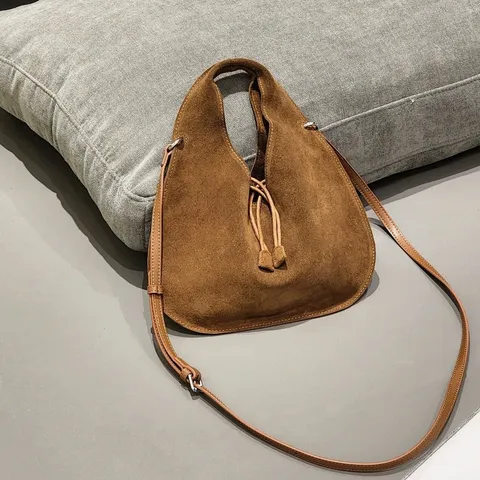 Women Fashion Genuine Leather Triangular Crossbody Bag Autumn Winter Suede Dumpling Handbag Retro Shoulder Bag