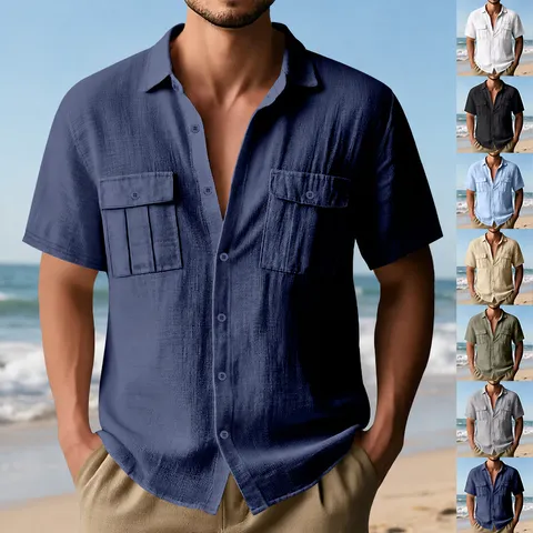 Herren Sommer Casual Leinenmischung Kurzarm Hemd Lose Passform Umlegekragen Knopfleiste Einfarbig Strand Tops